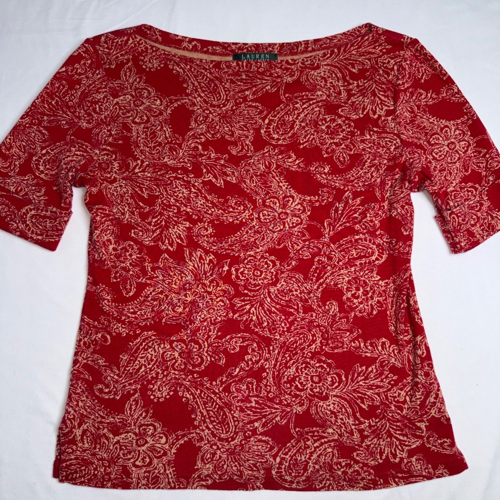 Lauren Ralph Lauren Red Paisley Cotton Boat Neck Short Sleeve Top Medium
